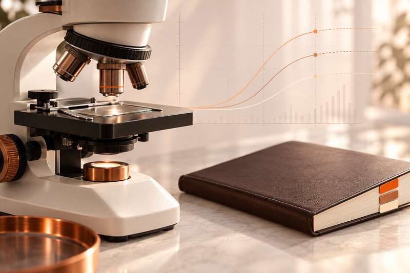 Ivory and copper microscope beside an espresso laboratory notebook with three colored tabs; conceptual scientific curves in a warm blush setting.