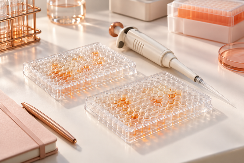 Ivory laboratory micropipette beside two clear assay plates with amber wells, copper accents, and a blush notebook.
