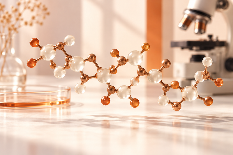 Ivory and copper molecular model with laboratory glassware and a microscope in a blush-toned research setting.