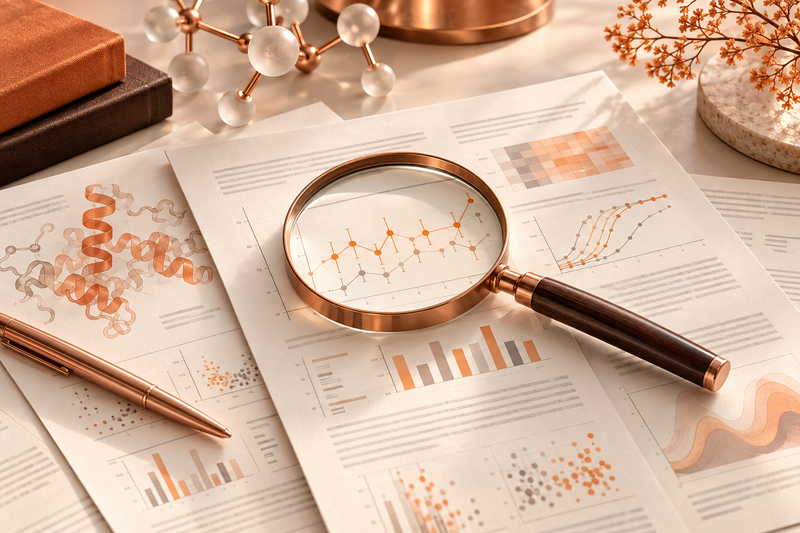 Copper magnifying glass over scientific papers and charts on an ivory desk with warm blush accents.