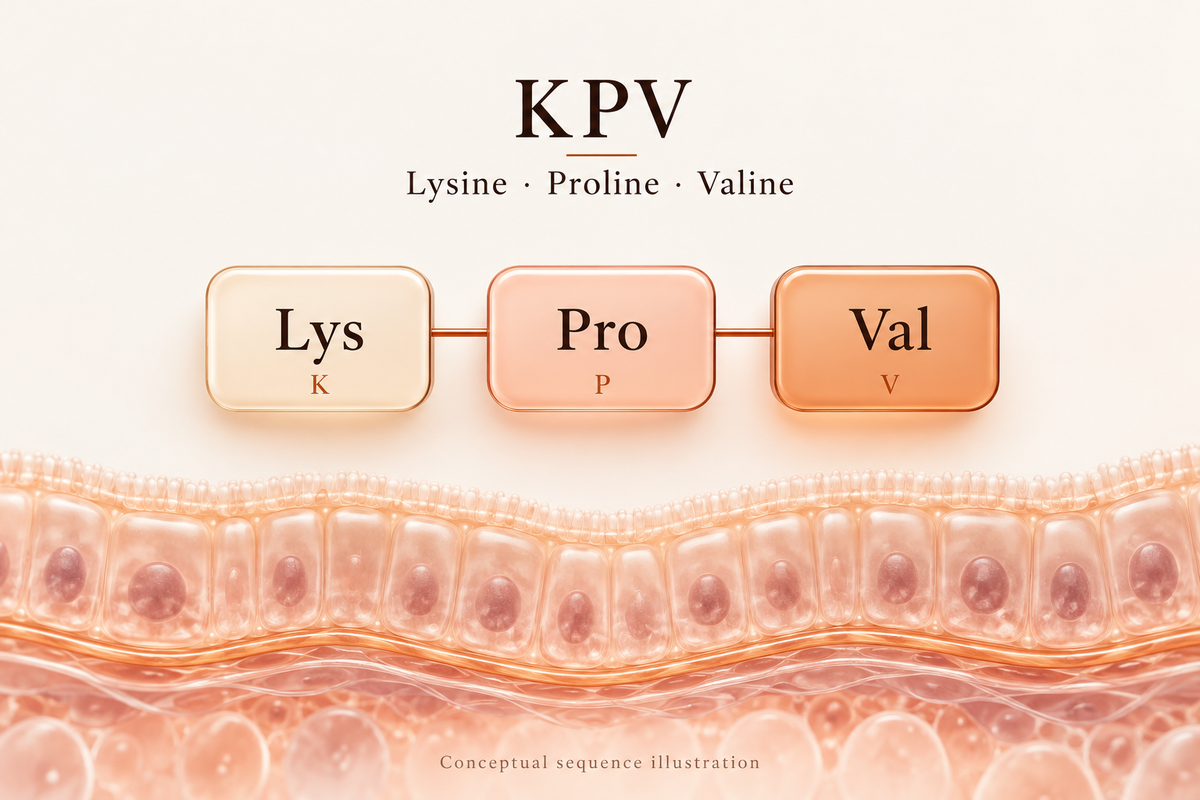 Conceptual KPV sequence illustration: connected Lys, Pro, and Val blocks above an epithelial cell layer in ivory, blush, and copper.