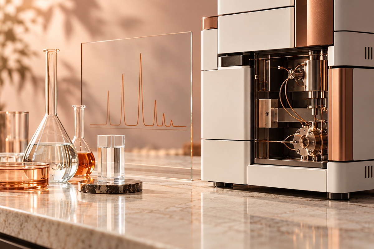 Illustrative chromatography instrument, laboratory glassware, and copper analytical trace in a warm ivory and blush setting.