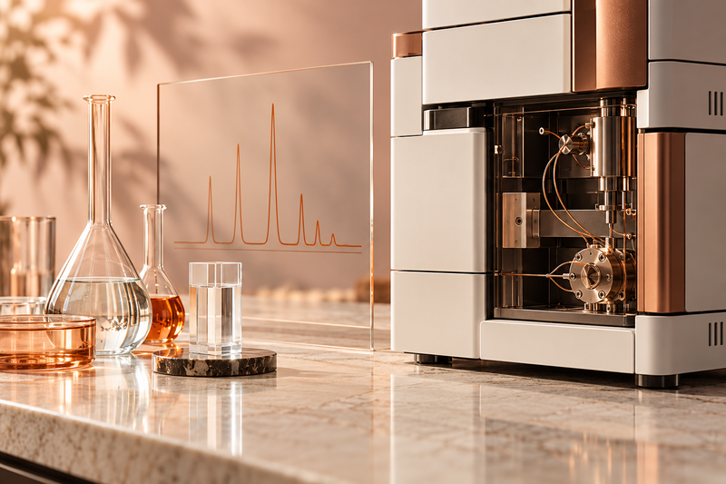 Illustrative chromatography instrument, laboratory glassware, and copper analytical trace in a warm ivory and blush setting.