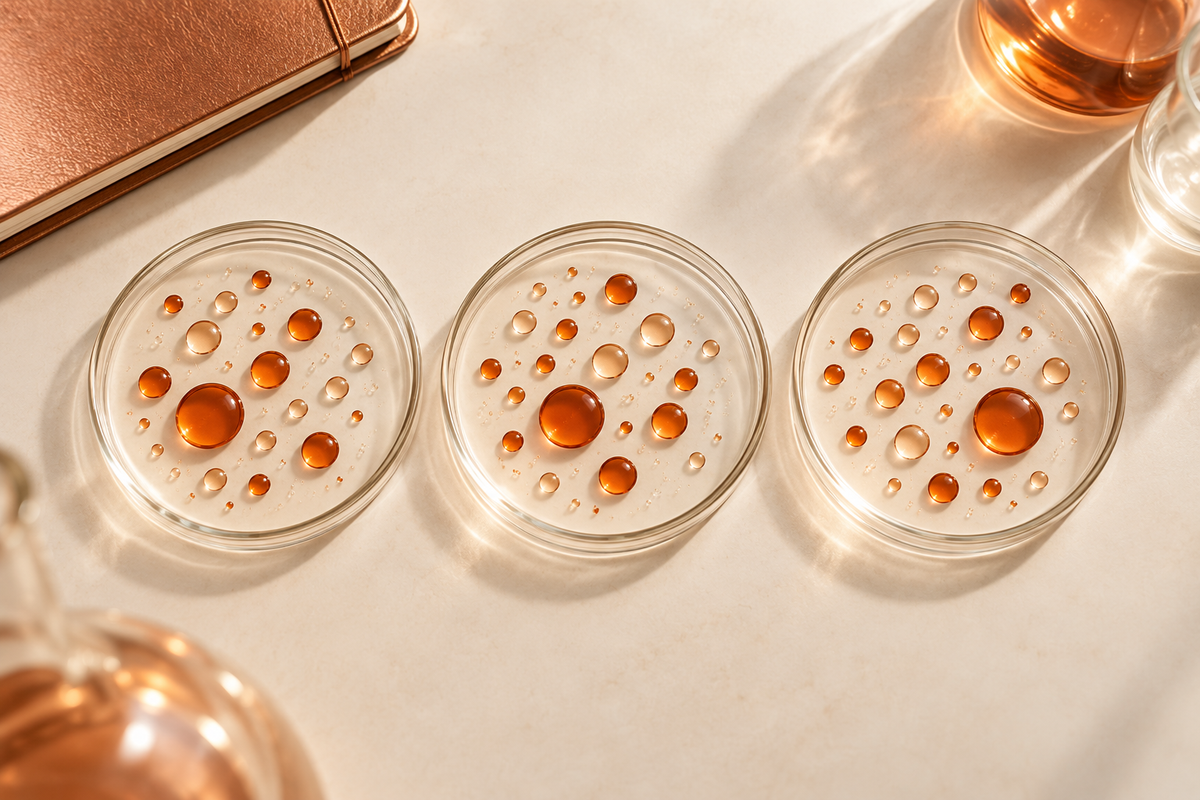 Three glass petri dishes with similar copper-toned droplet patterns on an ivory laboratory surface, illustrating repeated experiments.