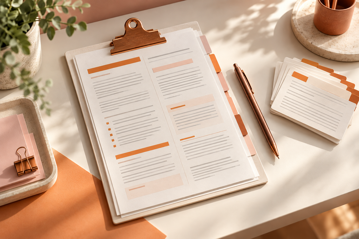 Ivory research clipboard with copper clip, tabbed reference cards, and a copper pen on a blush-toned desk.