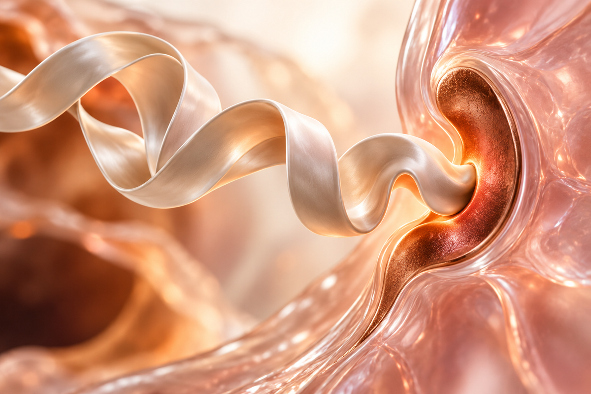 Conceptual ivory peptide ribbon meeting a copper receptor form on a blush background; decorative molecular-recognition illustration.